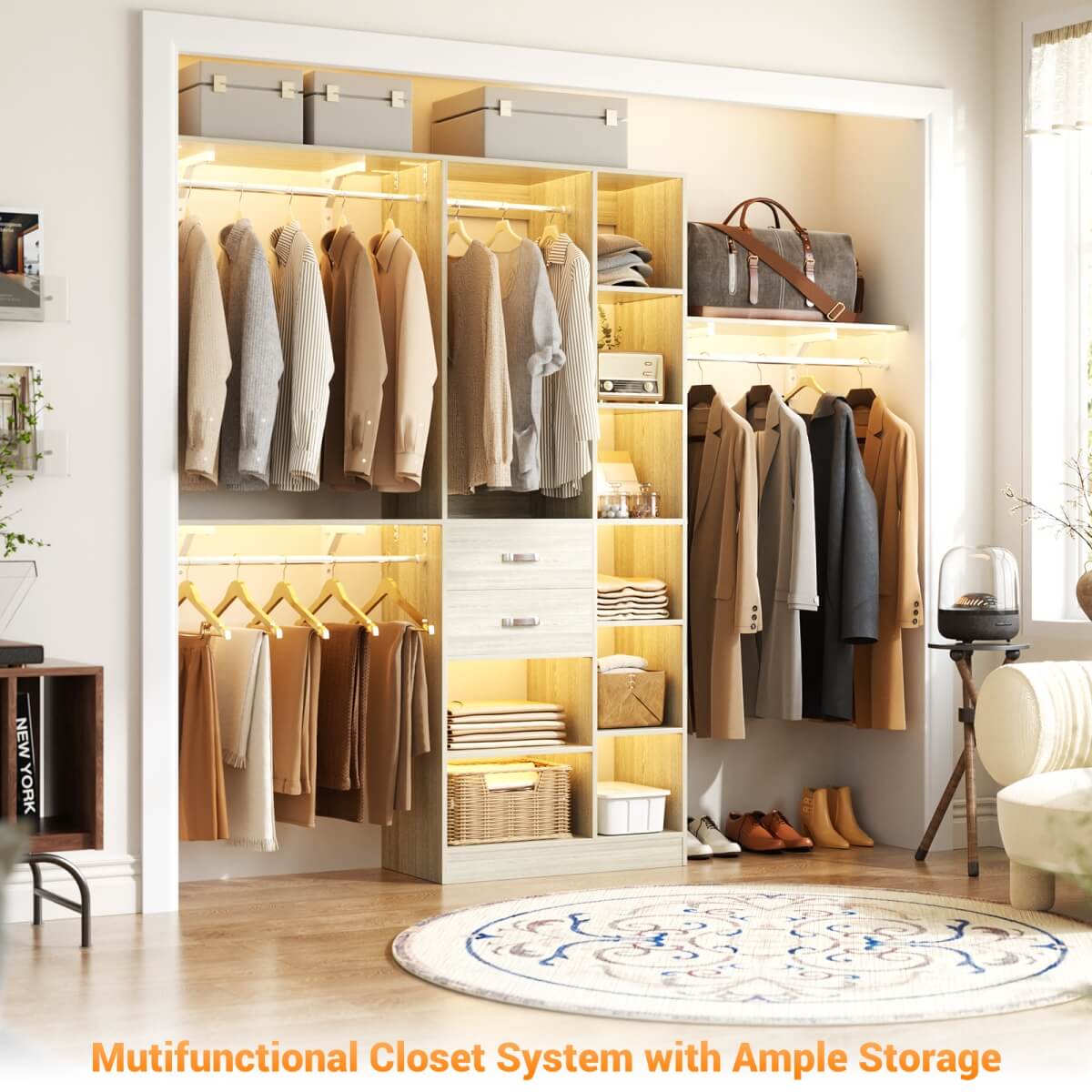 8FT Closet Organizer System with Partition Storage Spaces, Drawers, Shelves, Hanging Rods