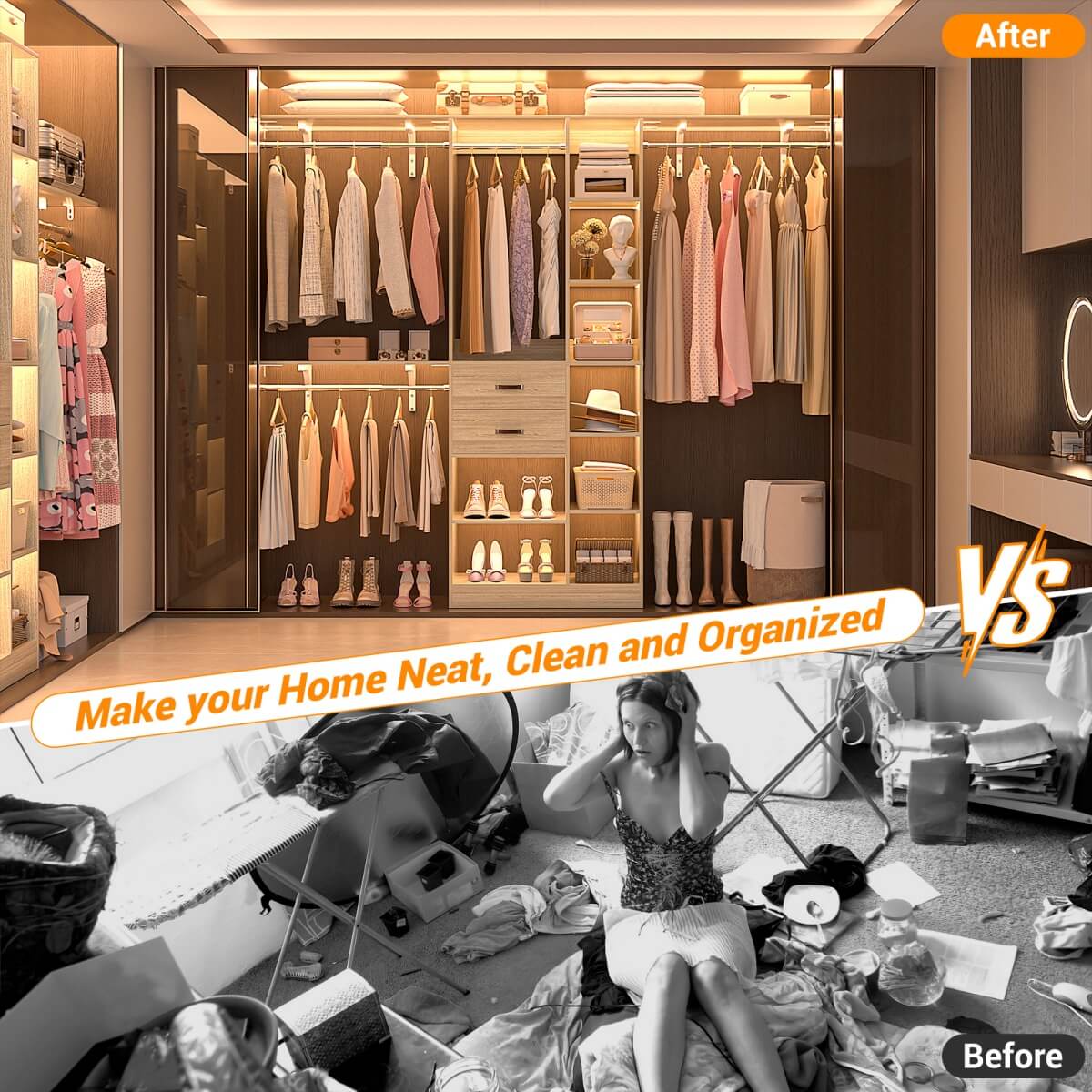 8FT Closet Organizer System with Partition Storage Spaces, Drawers, Shelves, Hanging Rods
