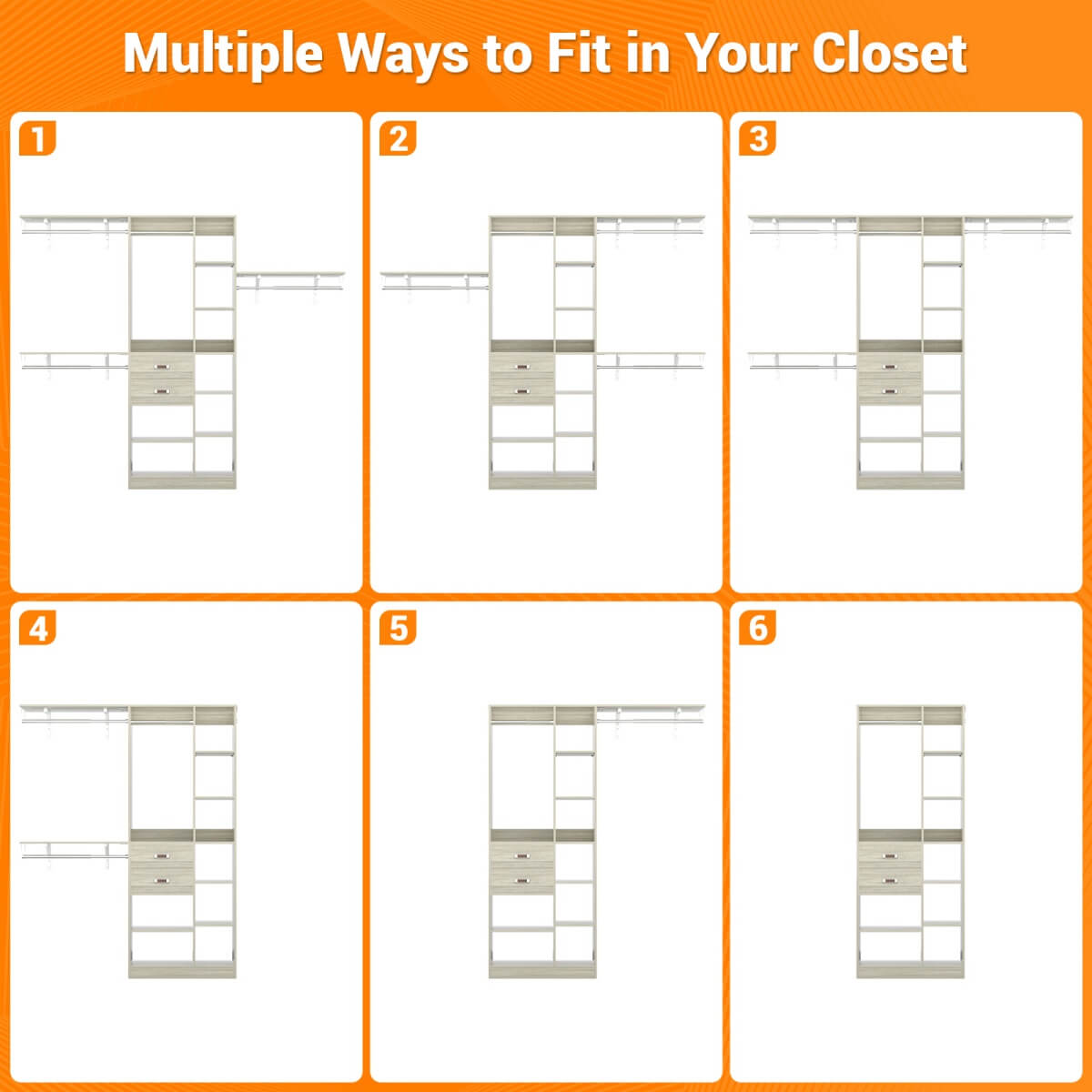 8FT Closet Organizer System with Partition Storage Spaces, Drawers, Shelves, Hanging Rods