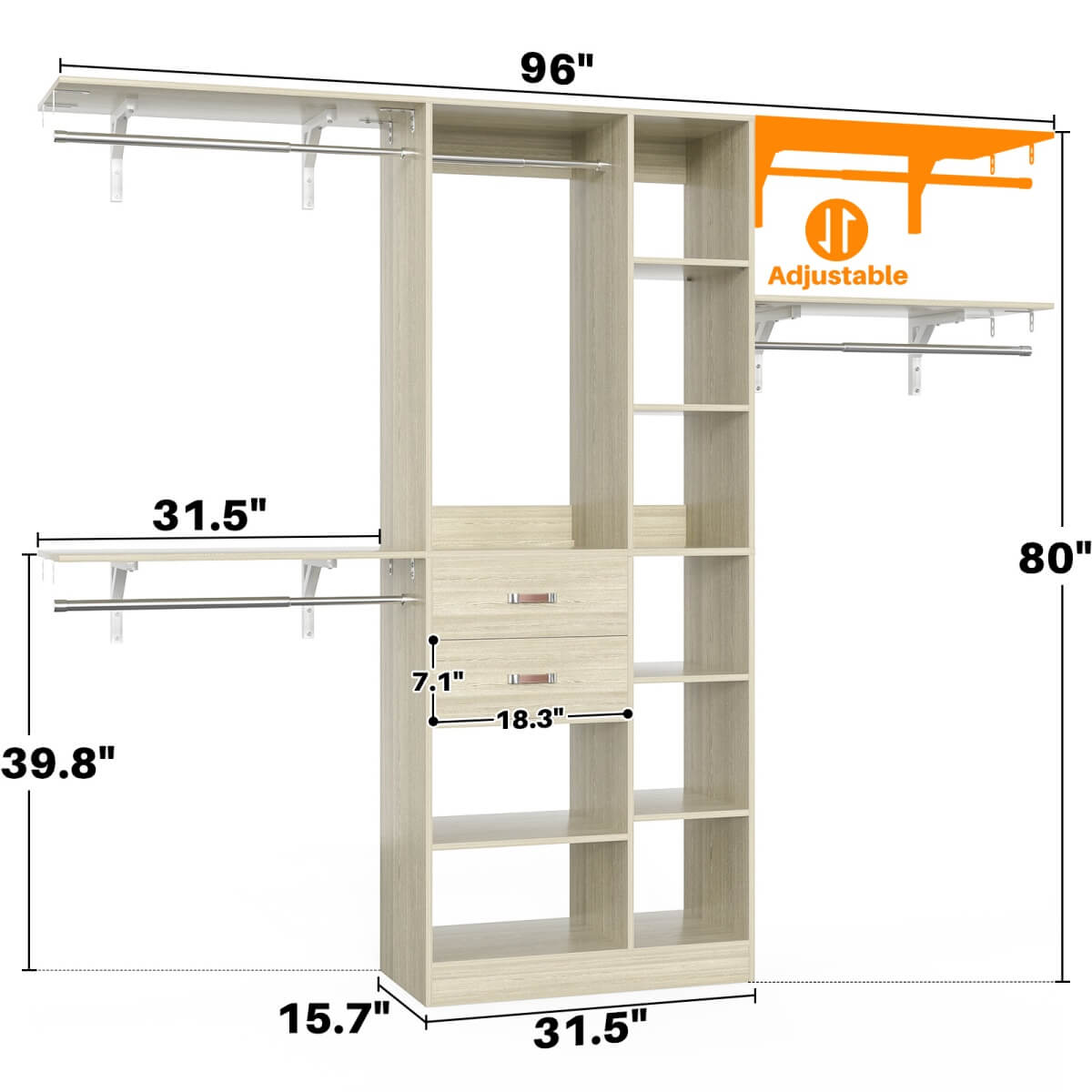 8FT Closet Organizer System with Partition Storage Spaces, Drawers, Shelves, Hanging Rods