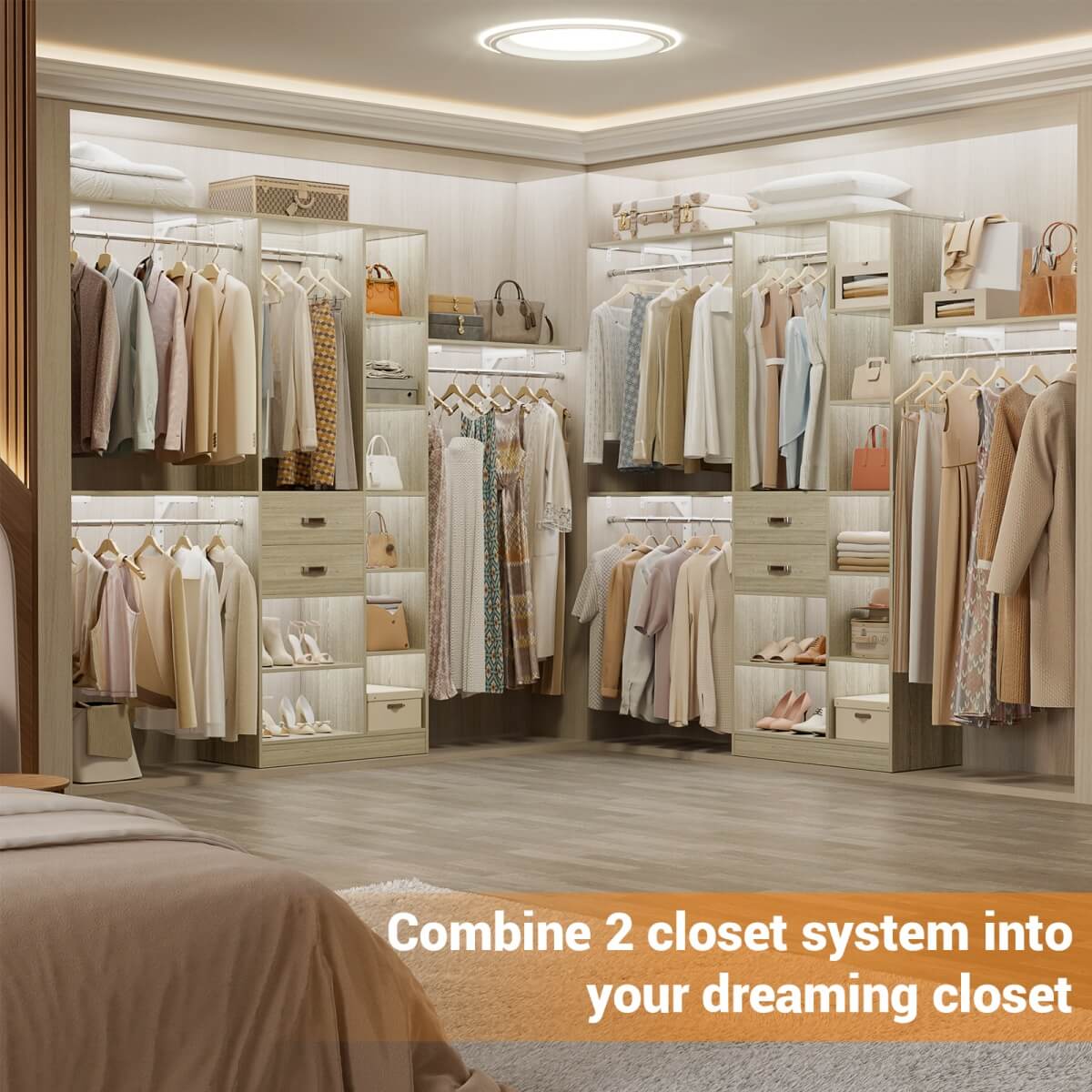 8FT Closet Organizer System with Partition Storage Spaces, Drawers, Shelves, Hanging Rods