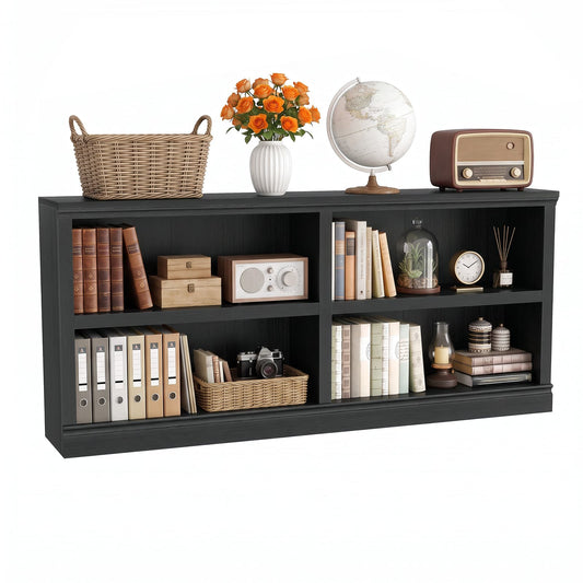 63" Wide 4 Cube Bookcase Organizer, 2-Tiers Wooden Low Bookcase