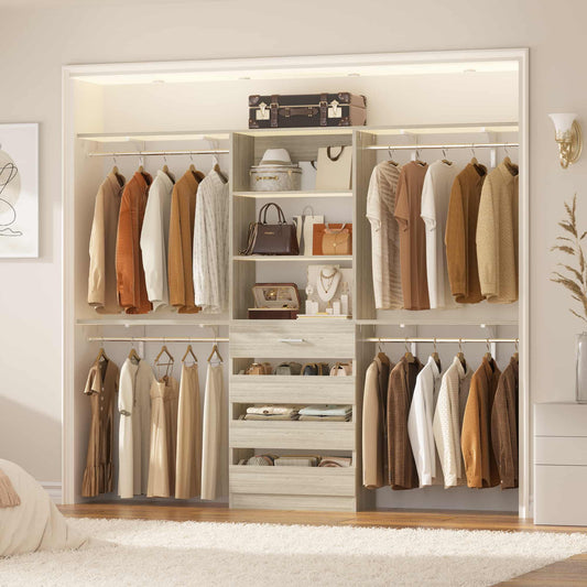 8FT Closet Organizer System with 4 Wooden Drawers & Hanging Rods ,Wooden Heavy-Duty Wardrobe Rack,Adjustable Storage Tower