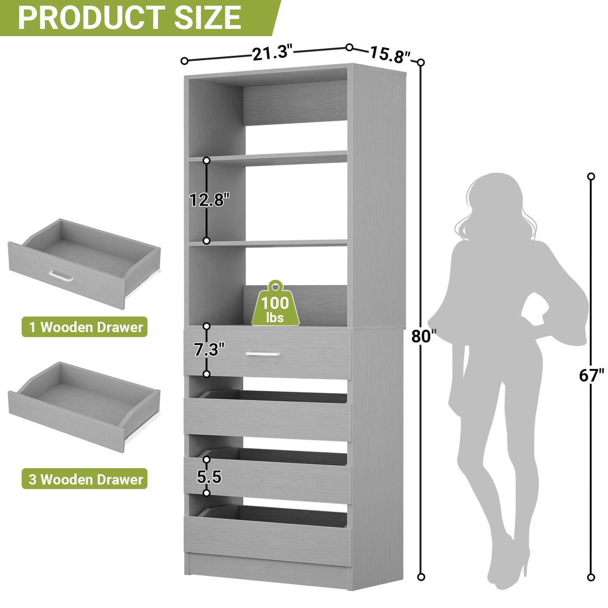 Space-Saving Modular Closet Organizer System with 4 Drawers & Adjustable Shelves - Wood Storage Cabinet