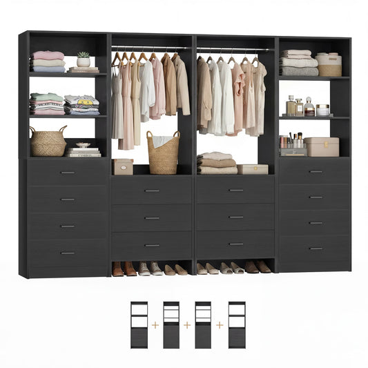 Closet Storage System, 4 Piece Set, 90''W Freestanding Wardrobe System with with 14 Drawers, 2 Hanging Rods & Shelves