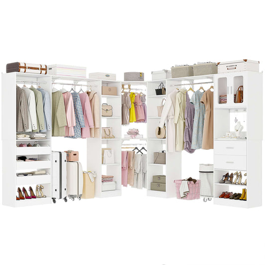 Closet System with 3 Sets, 100'' Walk-in Closet System with Drawers & Hanging Rods