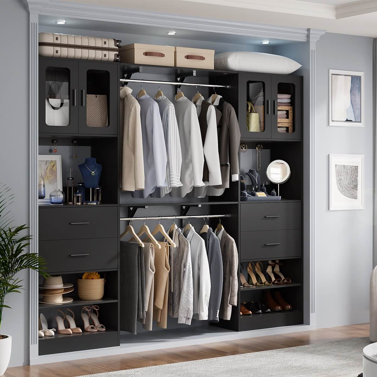 60'' Closet Organizer System with 2 Drawers, 2 Hanging Rods, and Cabinet, Reversible