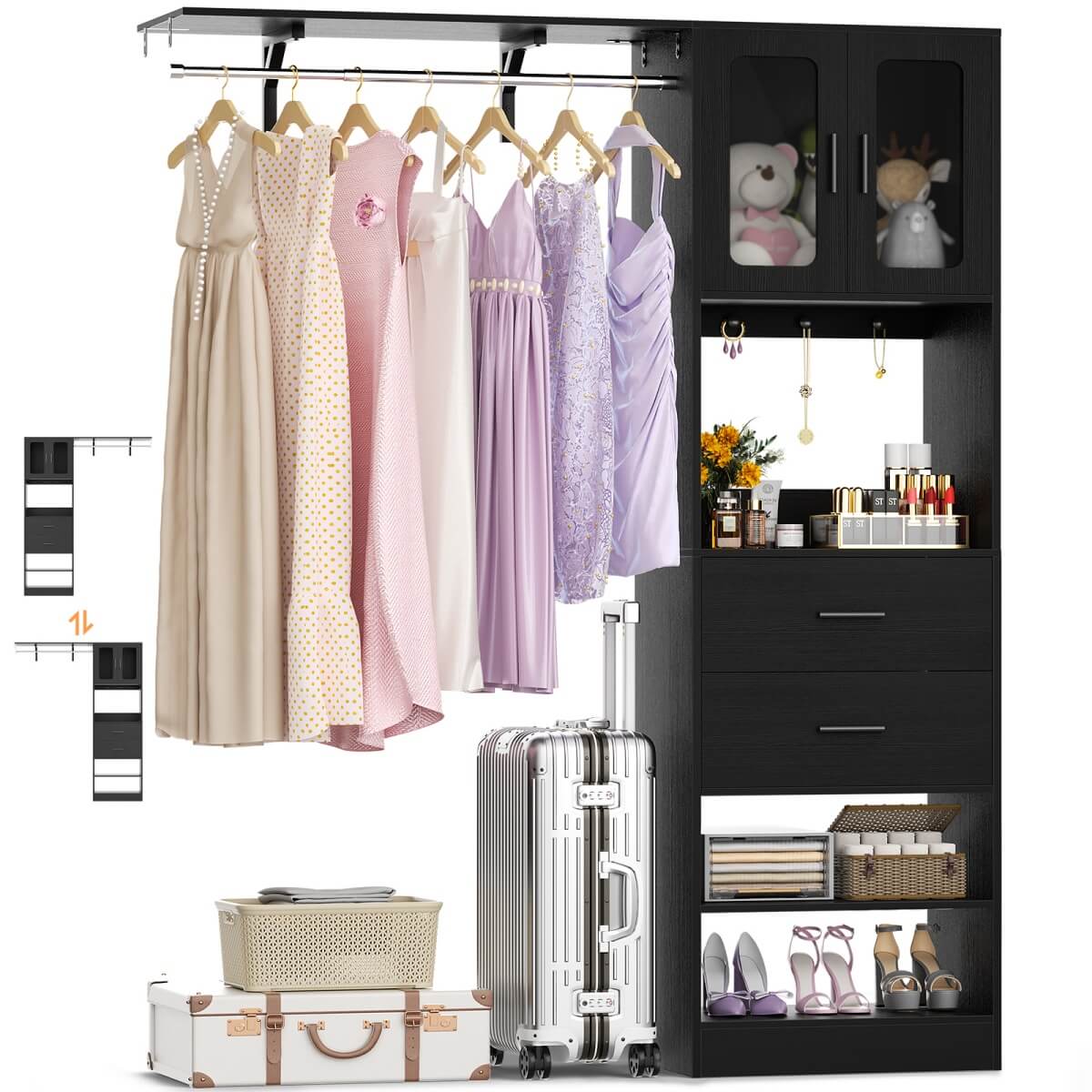 60'' Closet Organizer System with 2 Drawers, 2 Hanging Rods, and Cabinet, Reversible