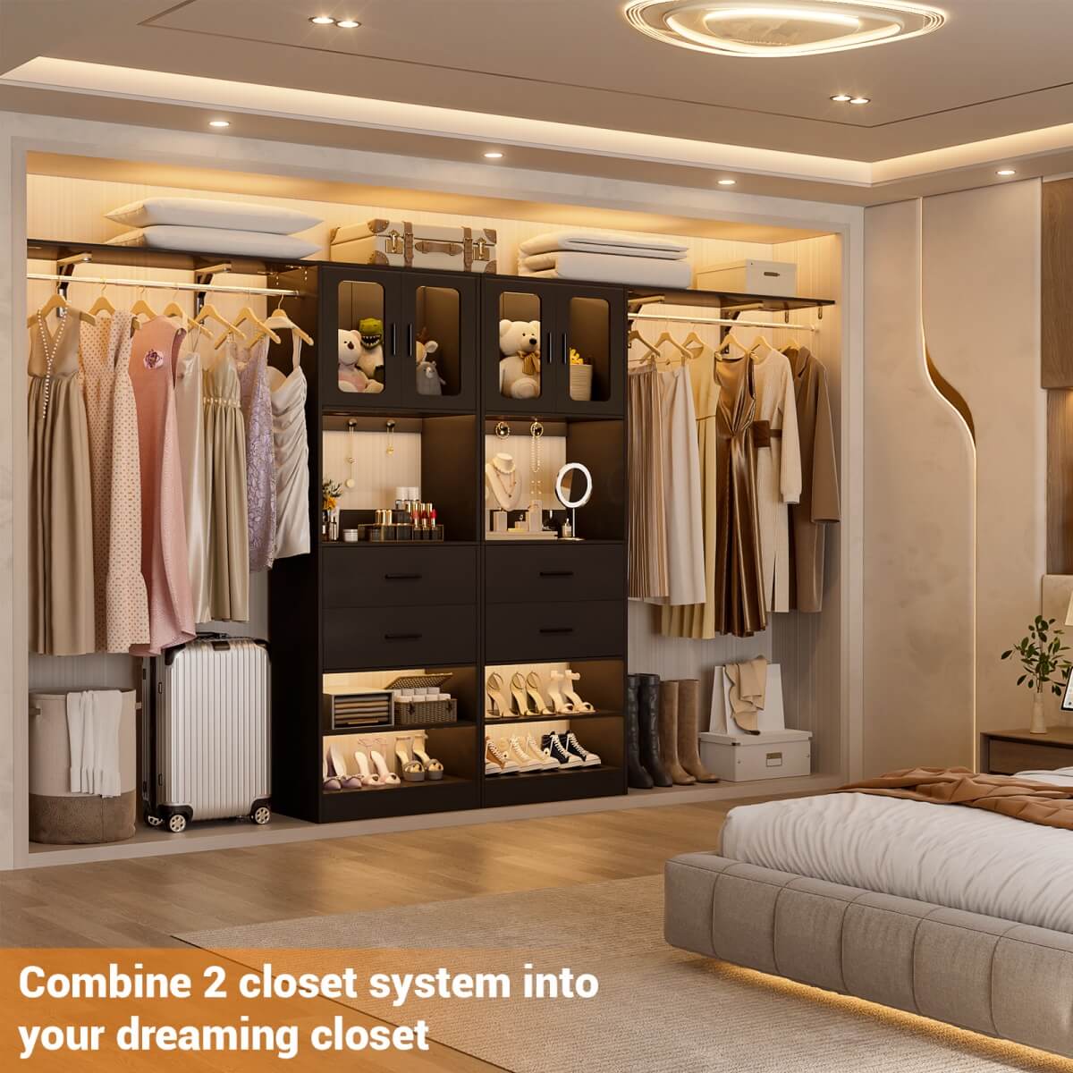 60'' Closet Organizer System with 2 Drawers, 2 Hanging Rods, and Cabinet, Reversible