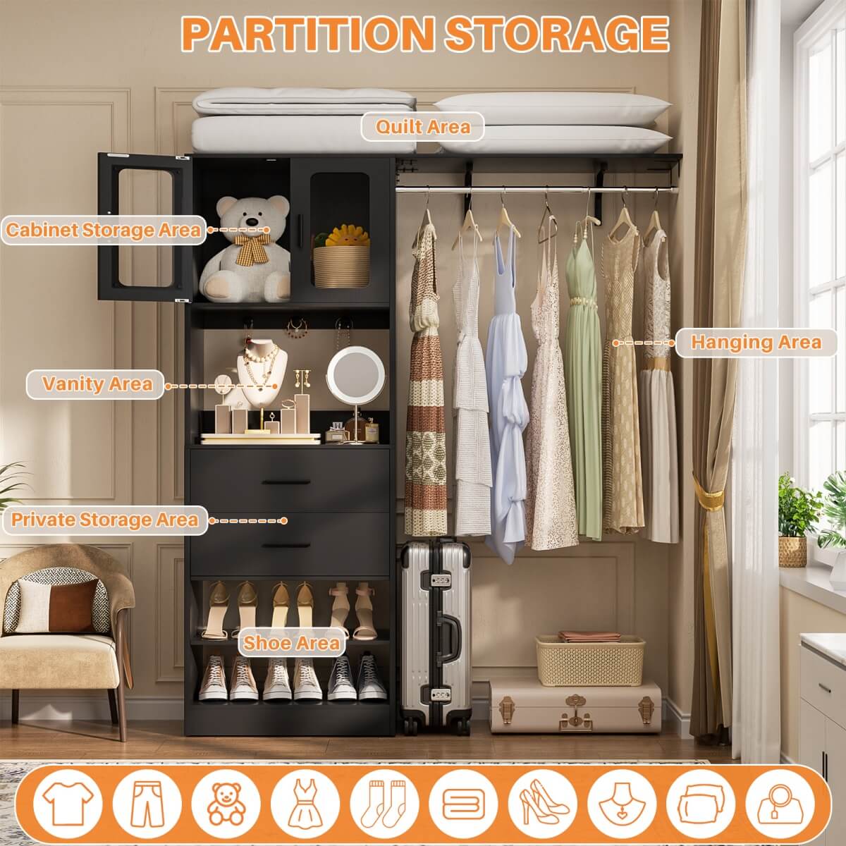 60'' Closet Organizer System with 2 Drawers, 2 Hanging Rods, and Cabinet, Reversible