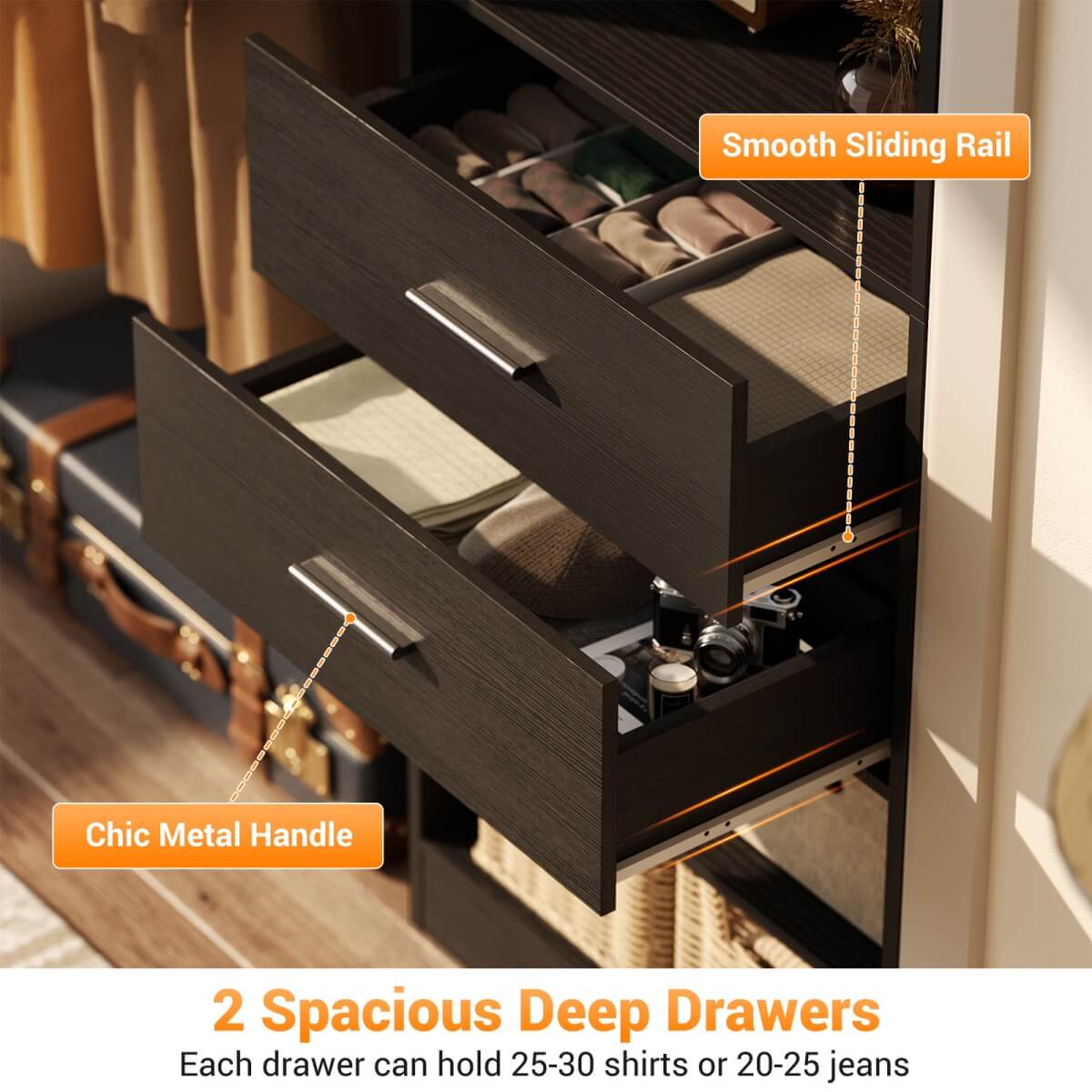 60'' Closet Organizer System with 2 Drawers, 2 Hanging Rods, and Cabinet, Reversible