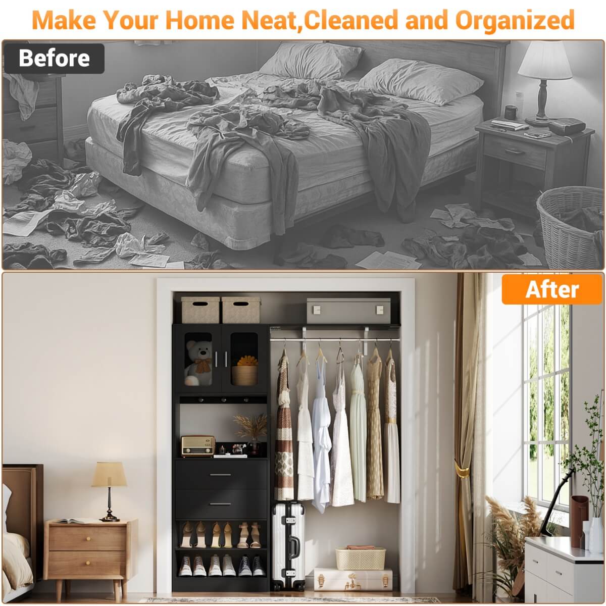 60'' Closet Organizer System with 2 Drawers, 2 Hanging Rods, and Cabinet, Reversible