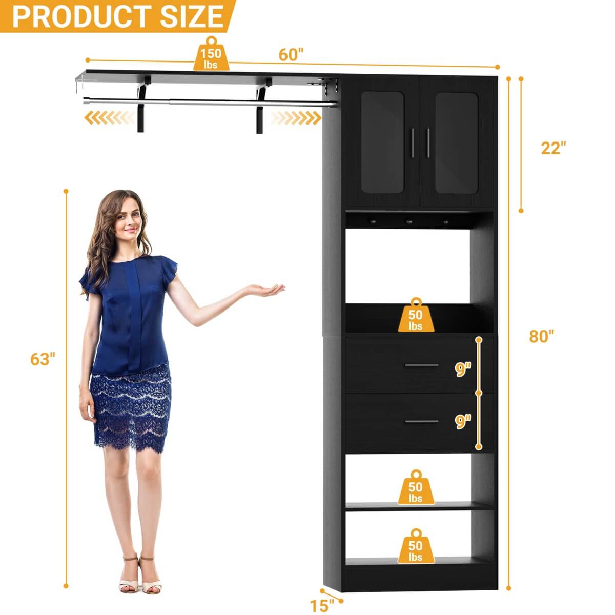 60'' Closet Organizer System with 2 Drawers, 2 Hanging Rods, and Cabinet, Reversible