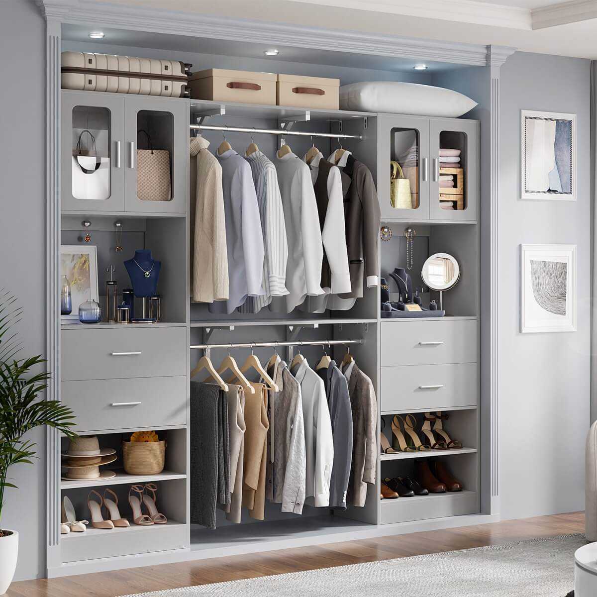 60'' Closet Organizer System with 2 Drawers, 2 Hanging Rods, and Cabinet, Reversible