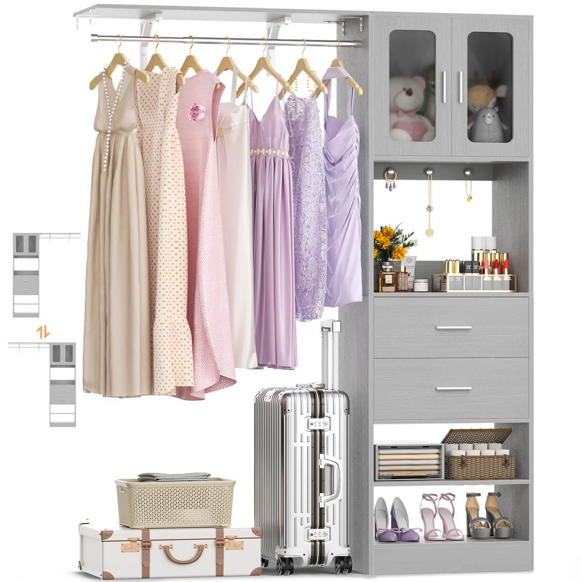 60'' Closet Organizer System with 2 Drawers, 2 Hanging Rods, and Cabinet, Reversible