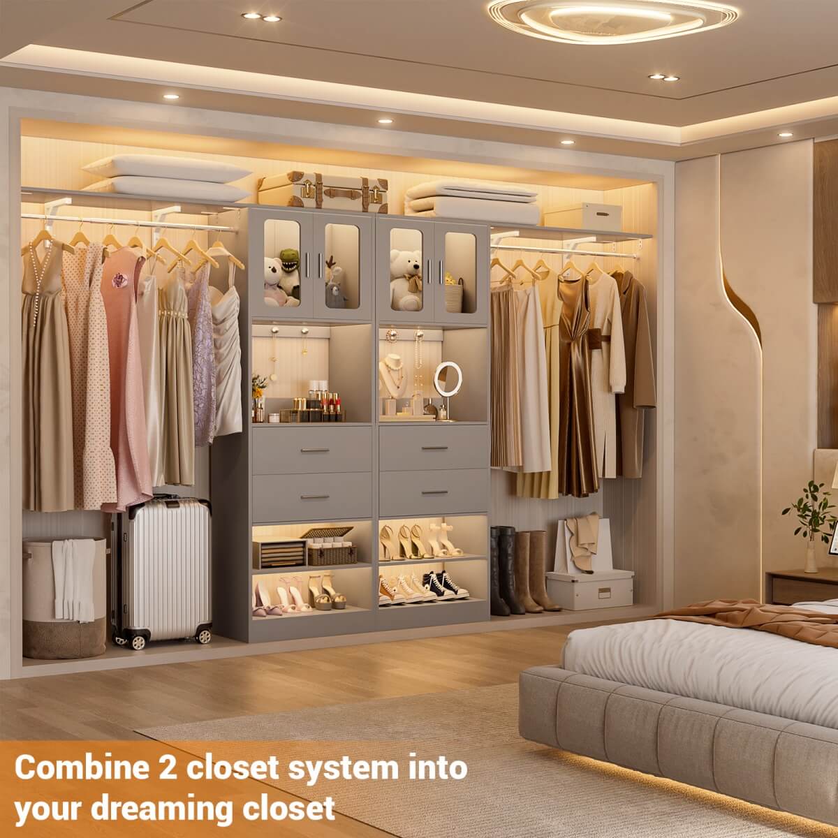60'' Closet Organizer System with 2 Drawers, 2 Hanging Rods, and Cabinet, Reversible