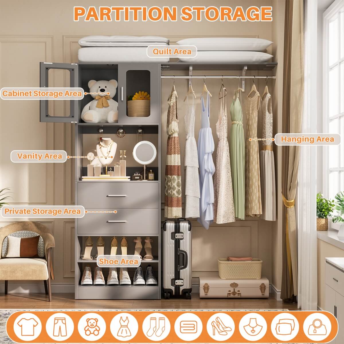 60'' Closet Organizer System with 2 Drawers, 2 Hanging Rods, and Cabinet, Reversible