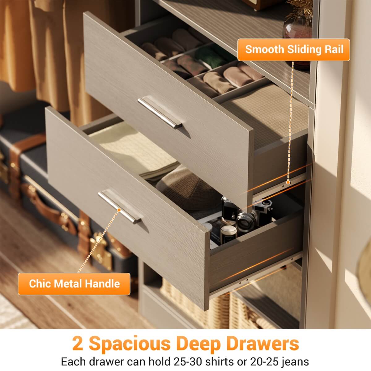 60'' Closet Organizer System with 2 Drawers, 2 Hanging Rods, and Cabinet, Reversible