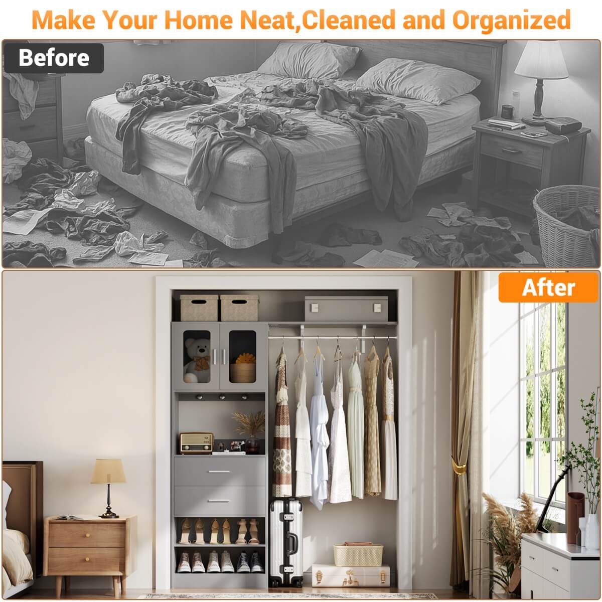60'' Closet Organizer System with 2 Drawers, 2 Hanging Rods, and Cabinet, Reversible