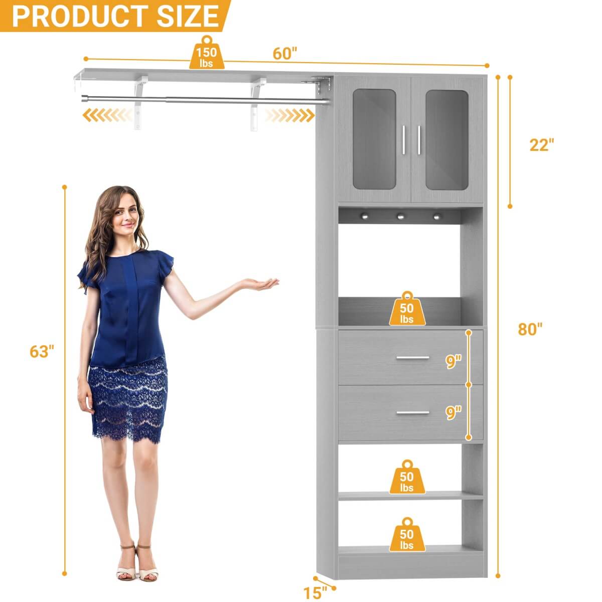 60'' Closet Organizer System with 2 Drawers, 2 Hanging Rods, and Cabinet, Reversible