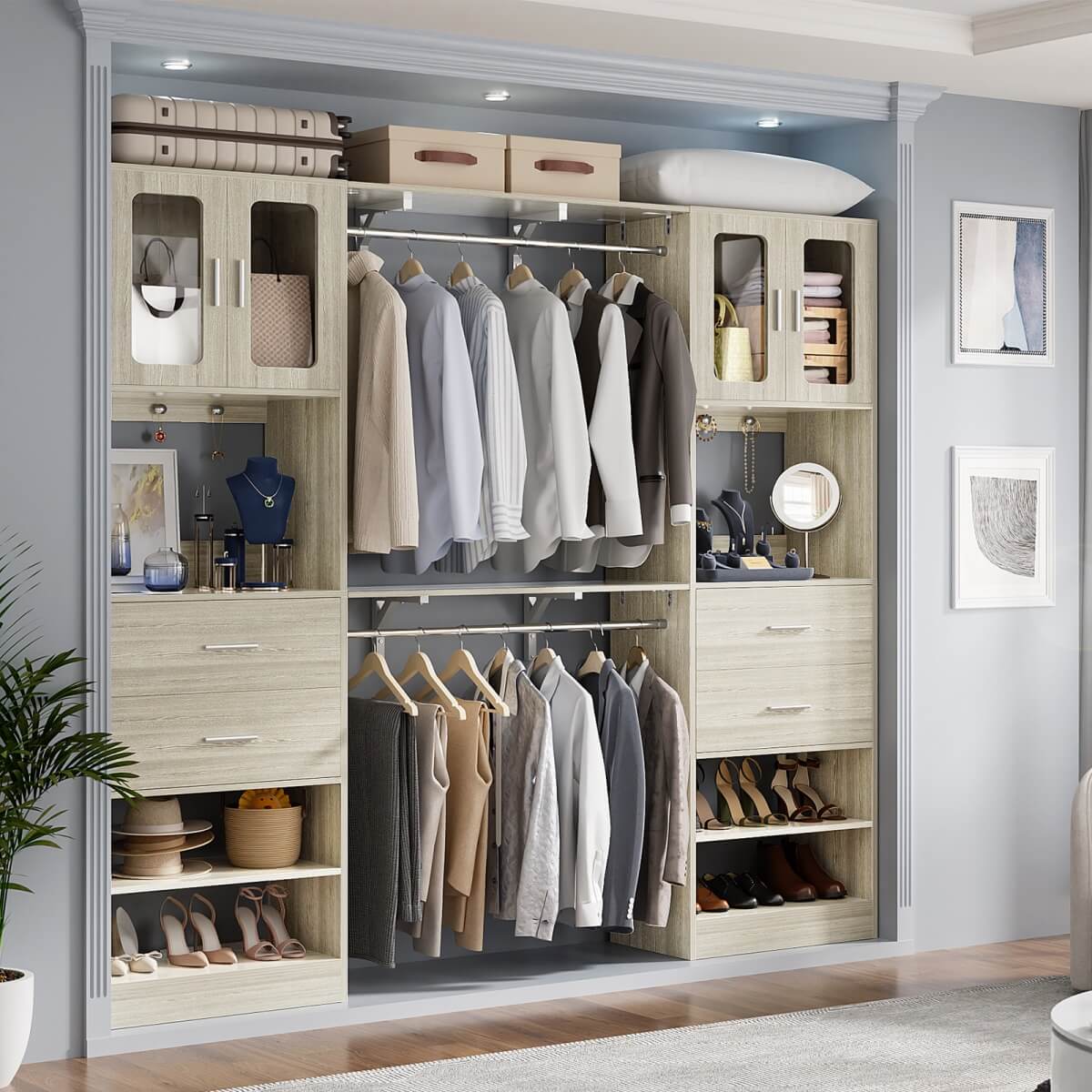 60'' Closet Organizer System with 2 Drawers, 2 Hanging Rods, and Cabinet, Reversible