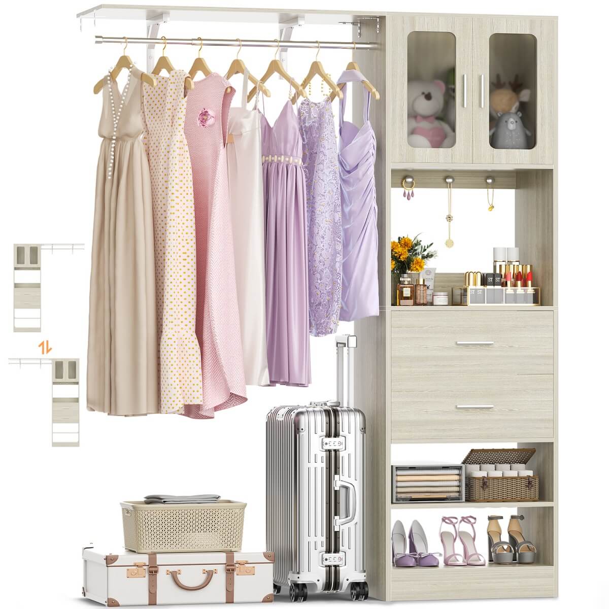 60'' Closet Organizer System with 2 Drawers, 2 Hanging Rods, and Cabinet, Reversible