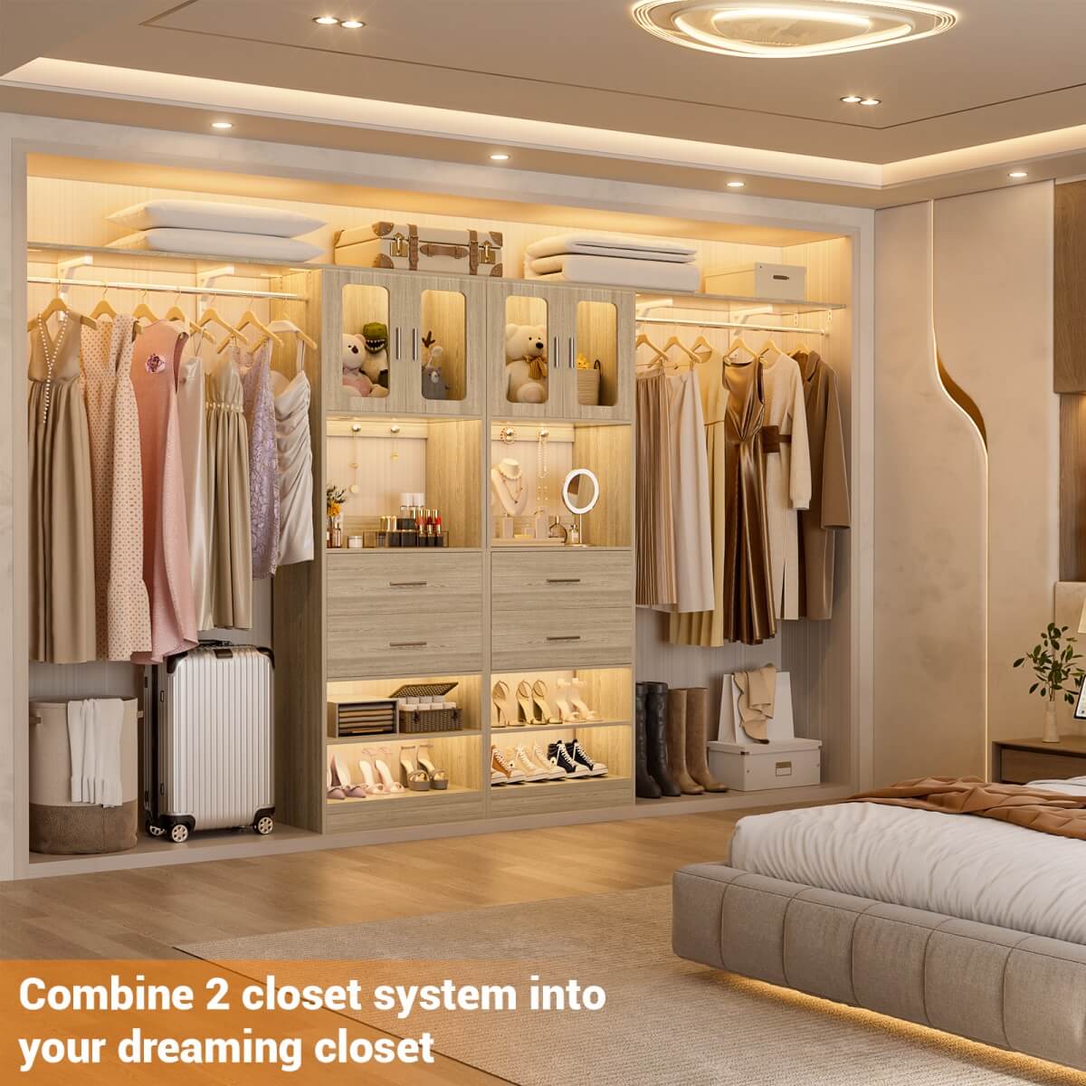 60'' Closet Organizer System with 2 Drawers, 2 Hanging Rods, and Cabinet, Reversible