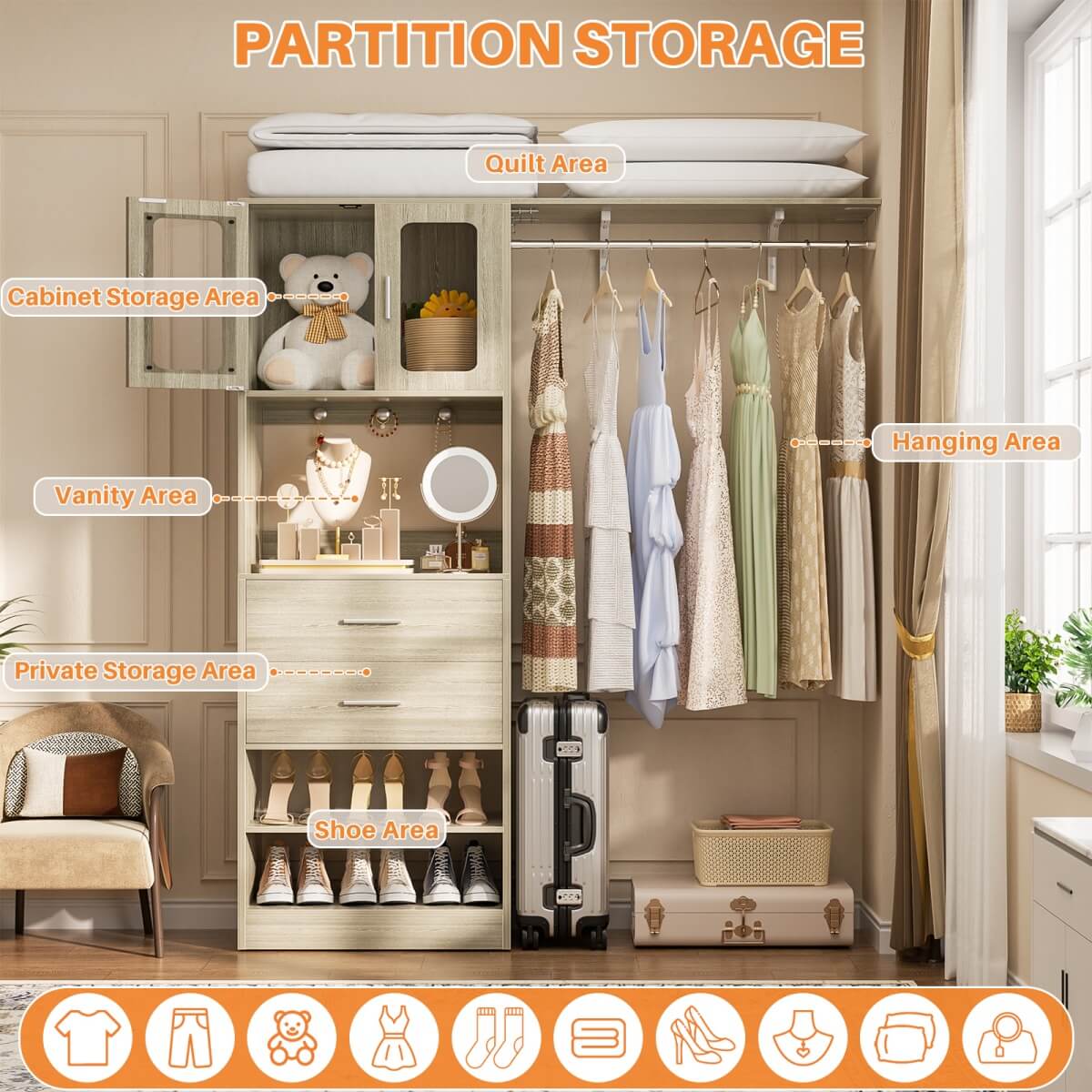 60'' Closet Organizer System with 2 Drawers, 2 Hanging Rods, and Cabinet, Reversible