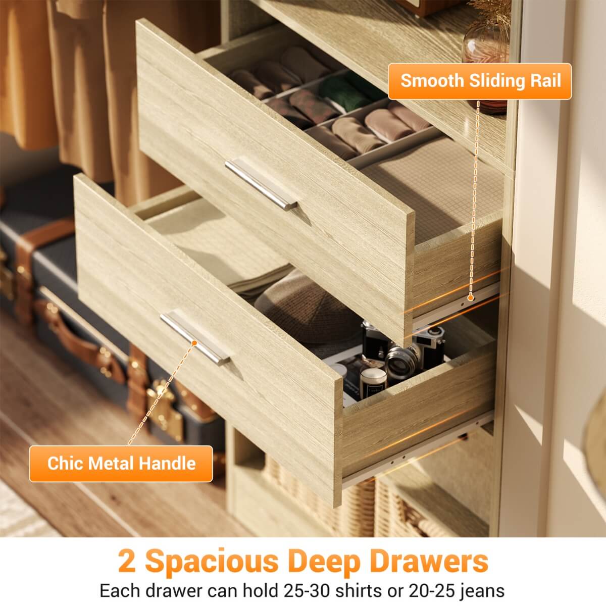 60'' Closet Organizer System with 2 Drawers, 2 Hanging Rods, and Cabinet, Reversible