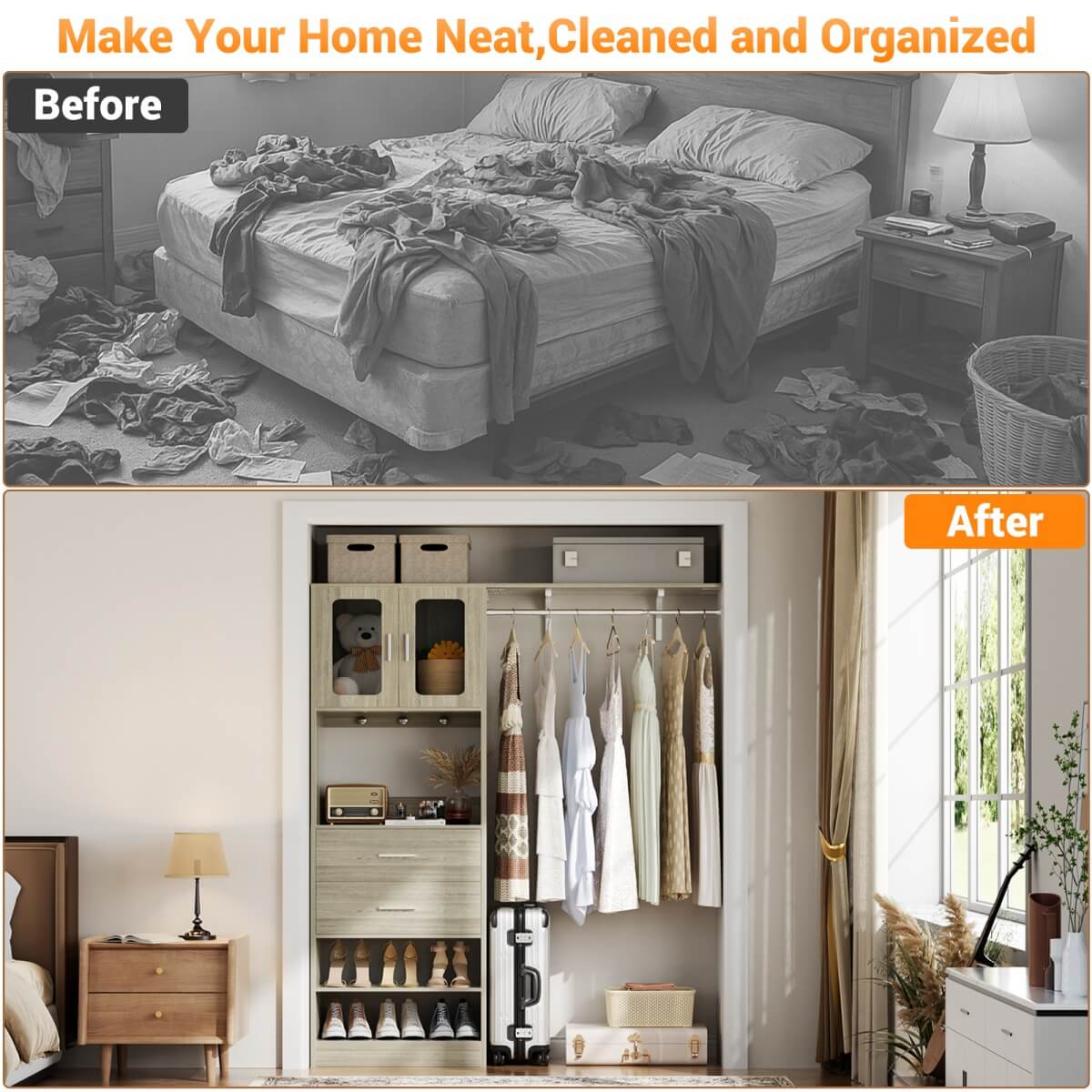 60'' Closet Organizer System with 2 Drawers, 2 Hanging Rods, and Cabinet, Reversible