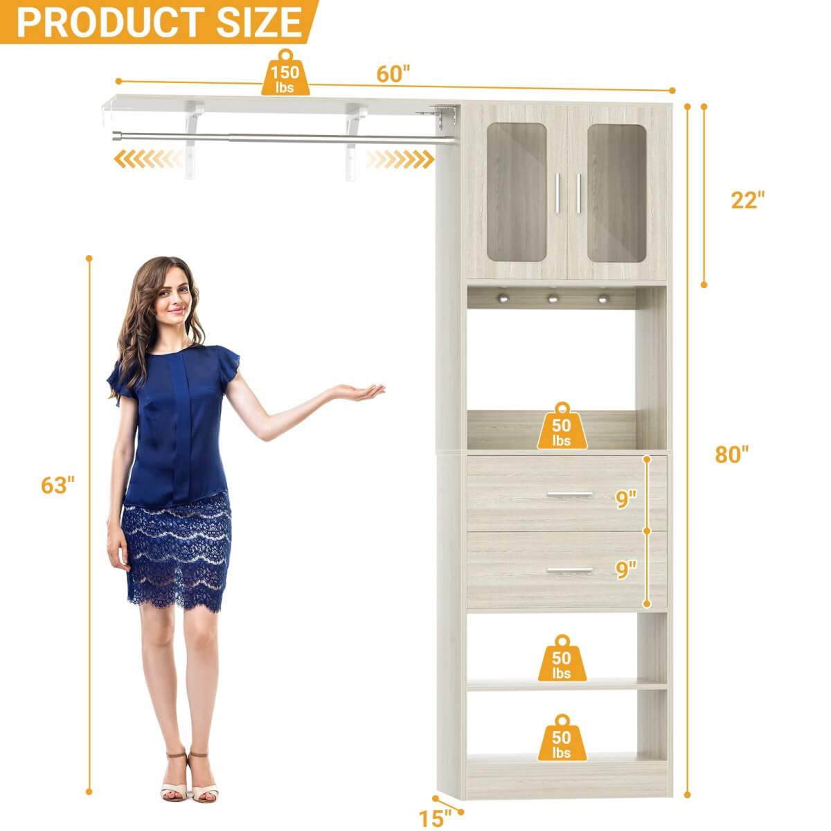 60'' Closet Organizer System with 2 Drawers, 2 Hanging Rods, and Cabinet, Reversible