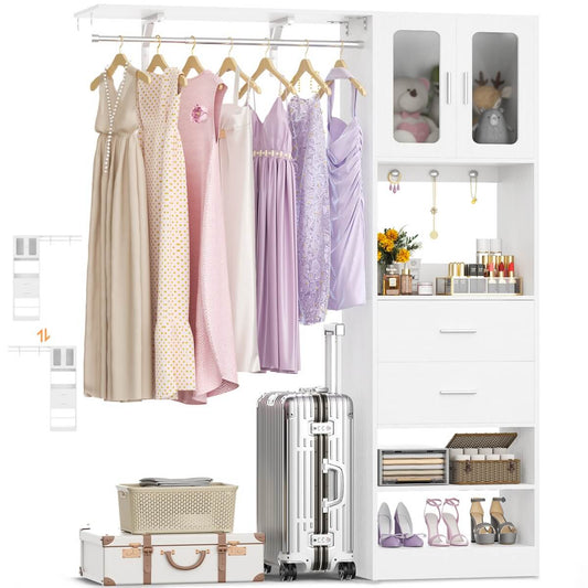 60'' Closet Organizer System with 2 Drawers, 2 Hanging Rods, and Cabinet, Reversible
