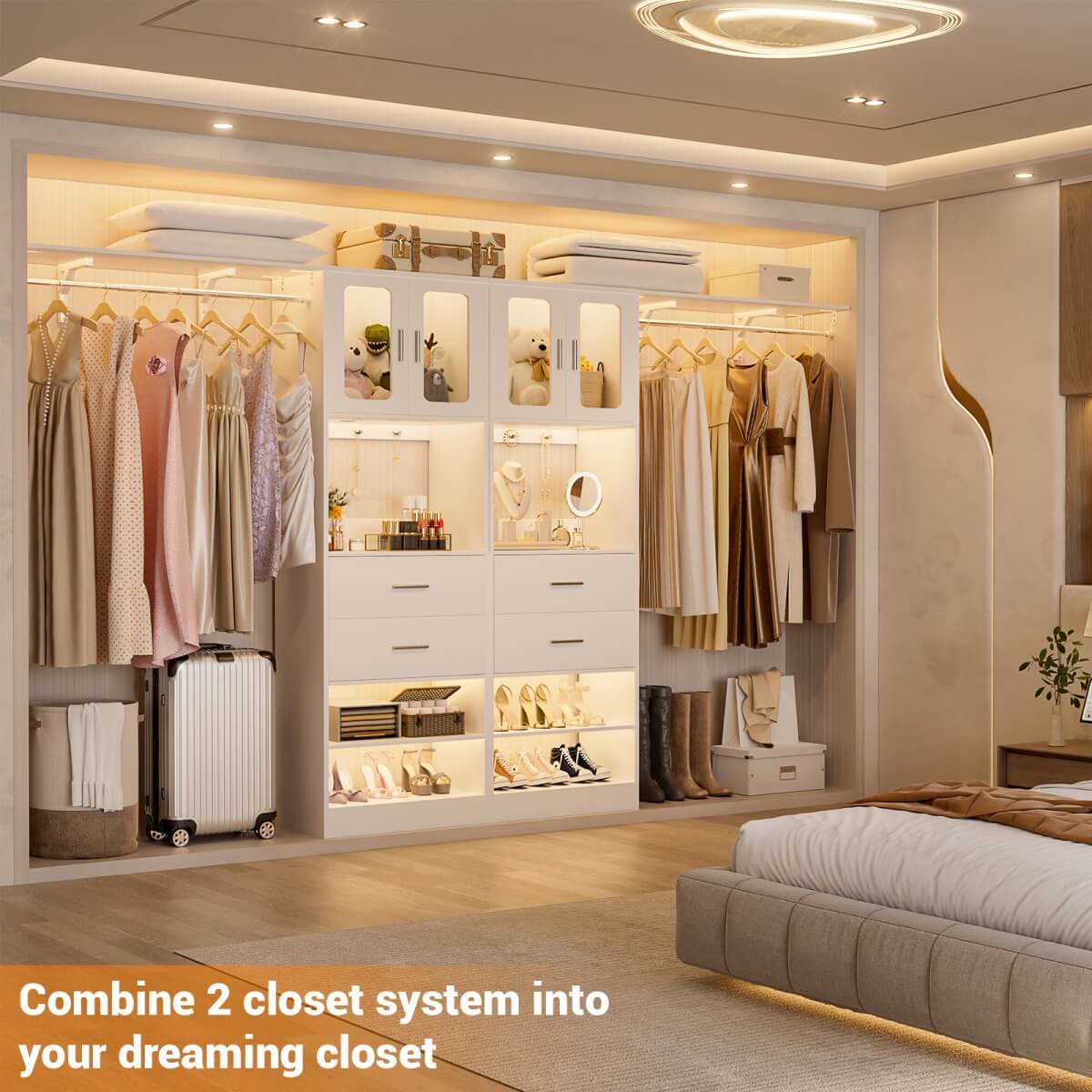 60'' Closet Organizer System with 2 Drawers, 2 Hanging Rods, and Cabinet, Reversible