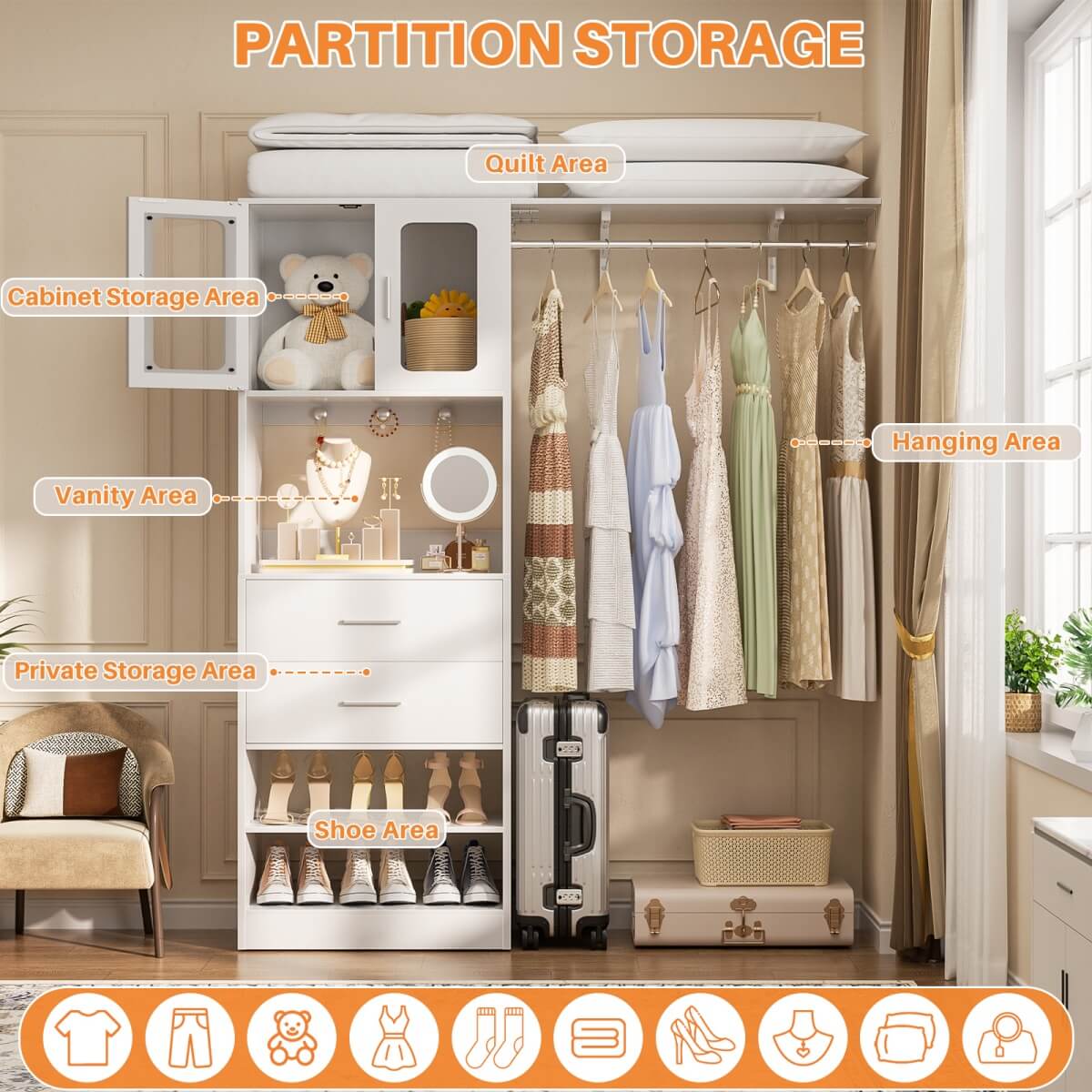 60'' Closet Organizer System with 2 Drawers, 2 Hanging Rods, and Cabinet, Reversible