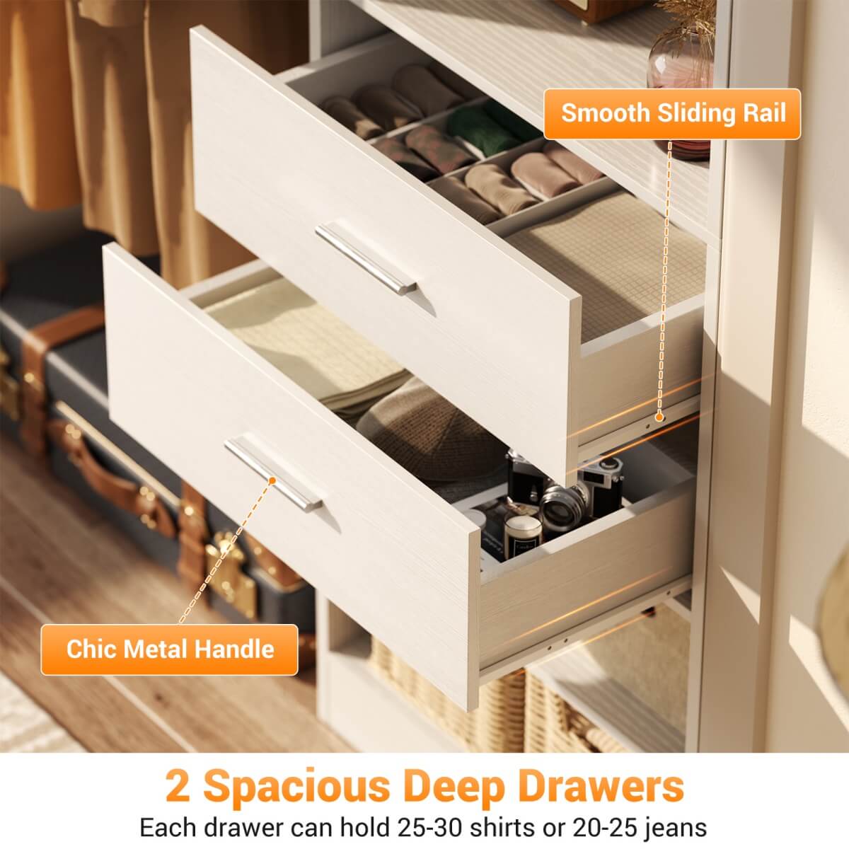 60'' Closet Organizer System with 2 Drawers, 2 Hanging Rods, and Cabinet, Reversible