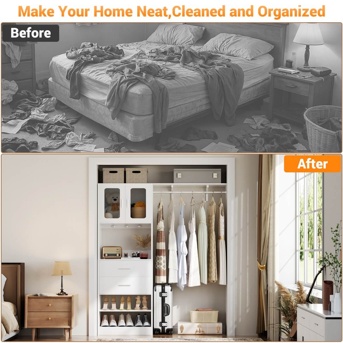 60'' Closet Organizer System with 2 Drawers, 2 Hanging Rods, and Cabinet, Reversible