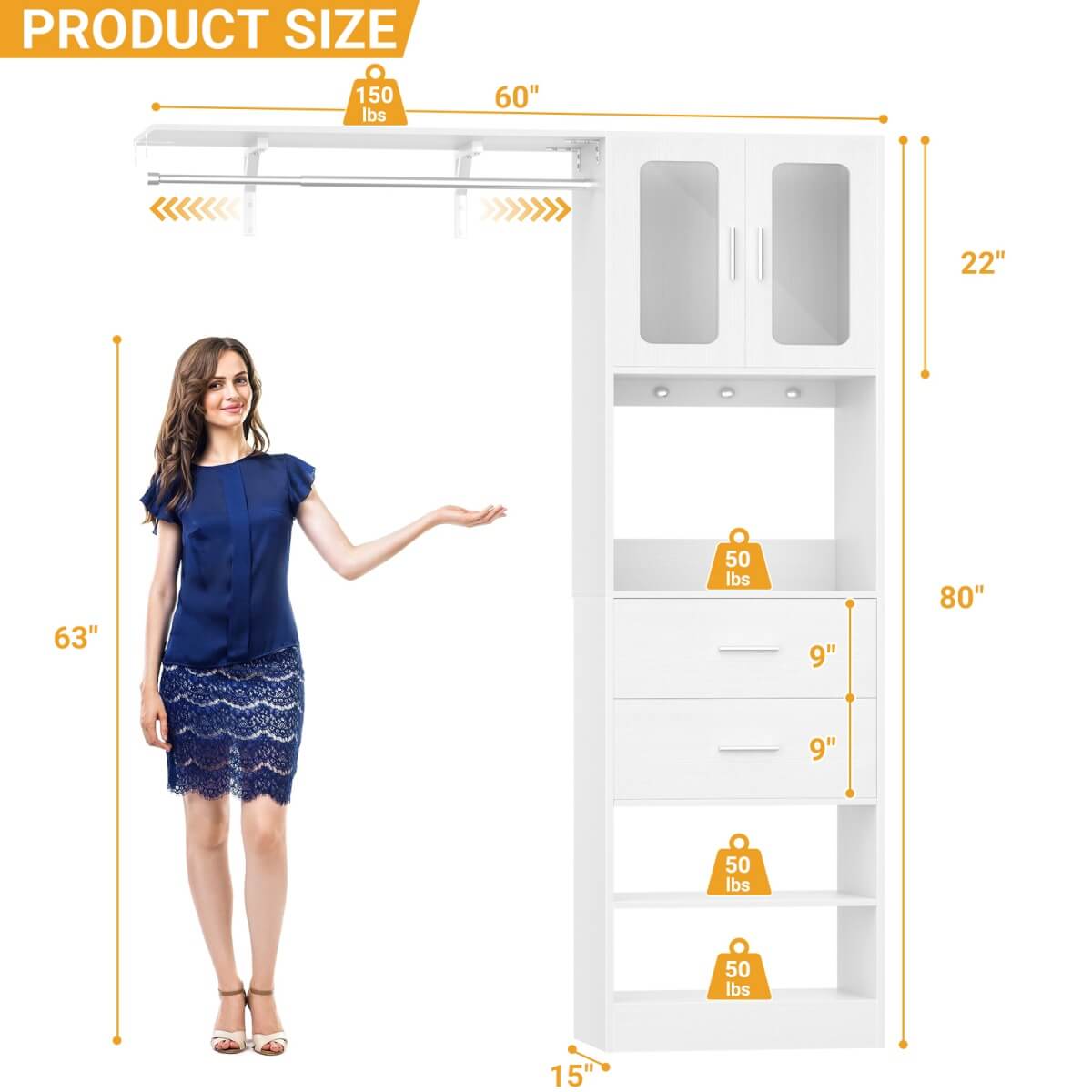 60'' Closet Organizer System with 2 Drawers, 2 Hanging Rods, and Cabinet, Reversible