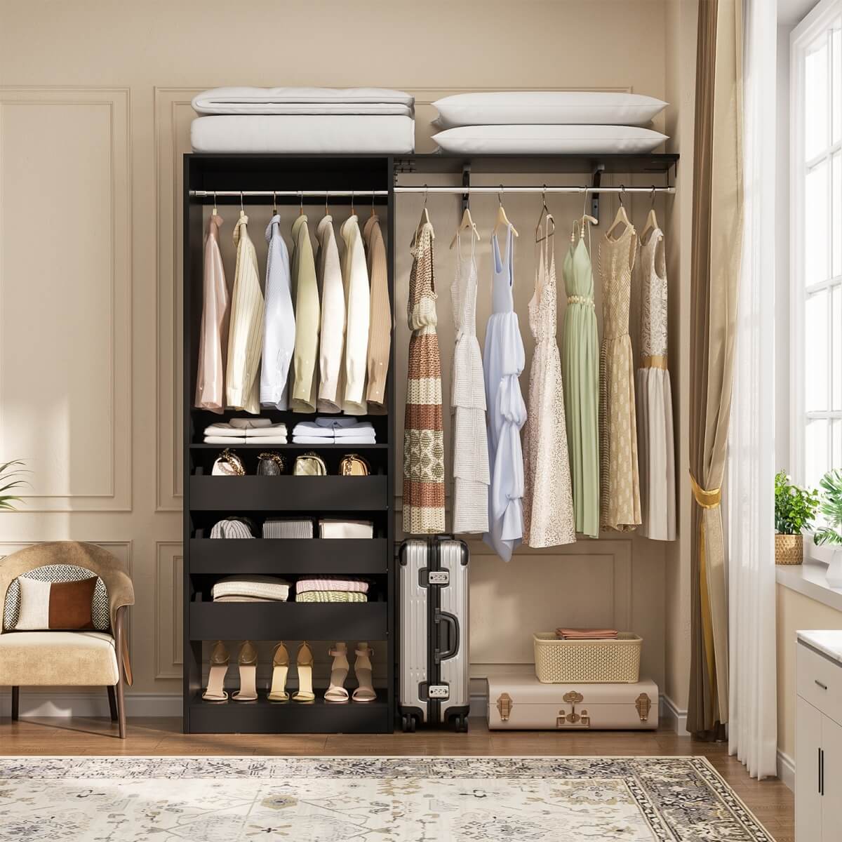 5FT Closet Organizer System with 3 Drawers and 2 Hanging Rods, Reversible Design