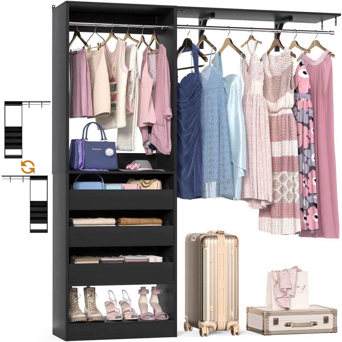 5FT Closet Organizer System with 3 Drawers and 2 Hanging Rods, Reversible Design