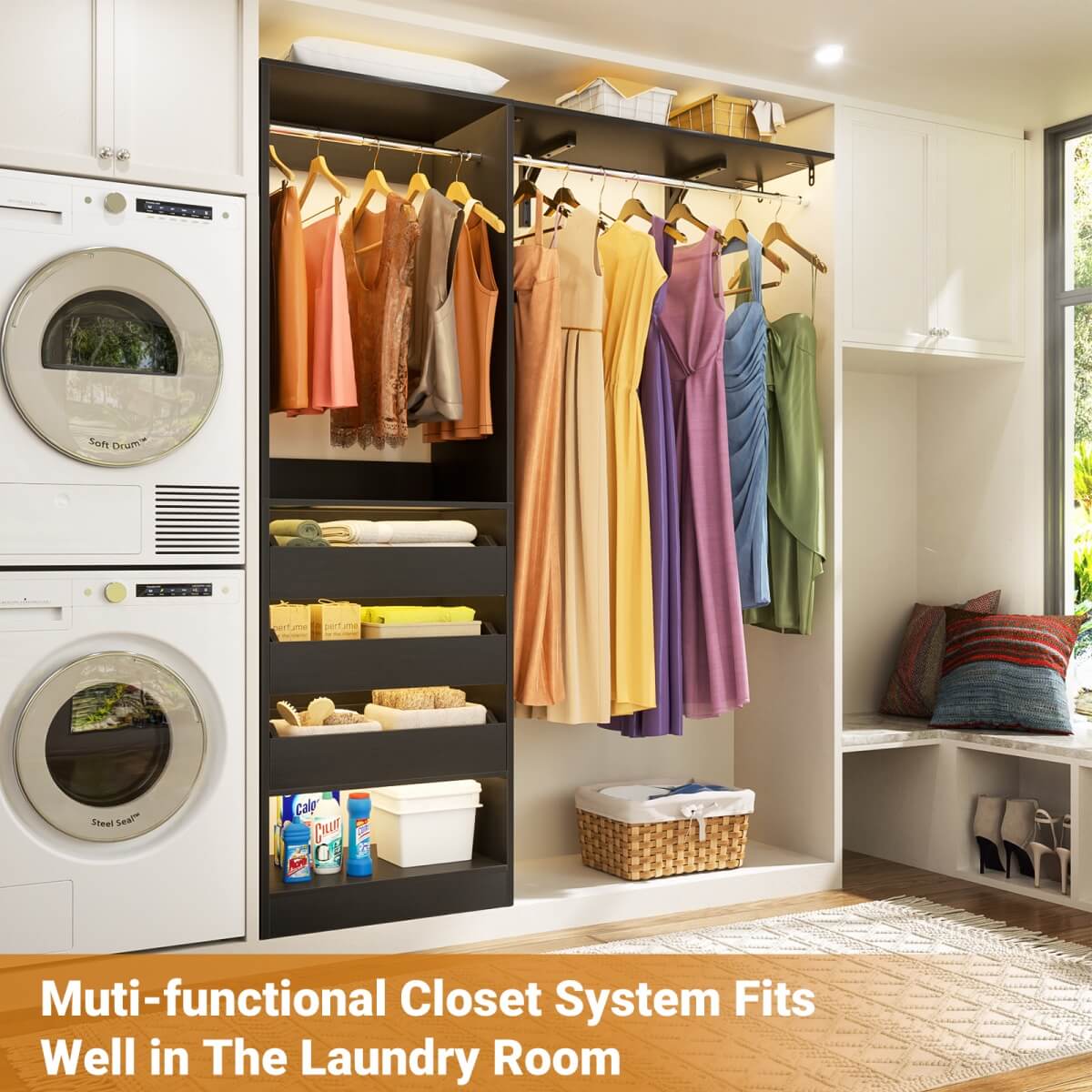 5FT Closet Organizer System with 3 Drawers and 2 Hanging Rods, Reversible Design