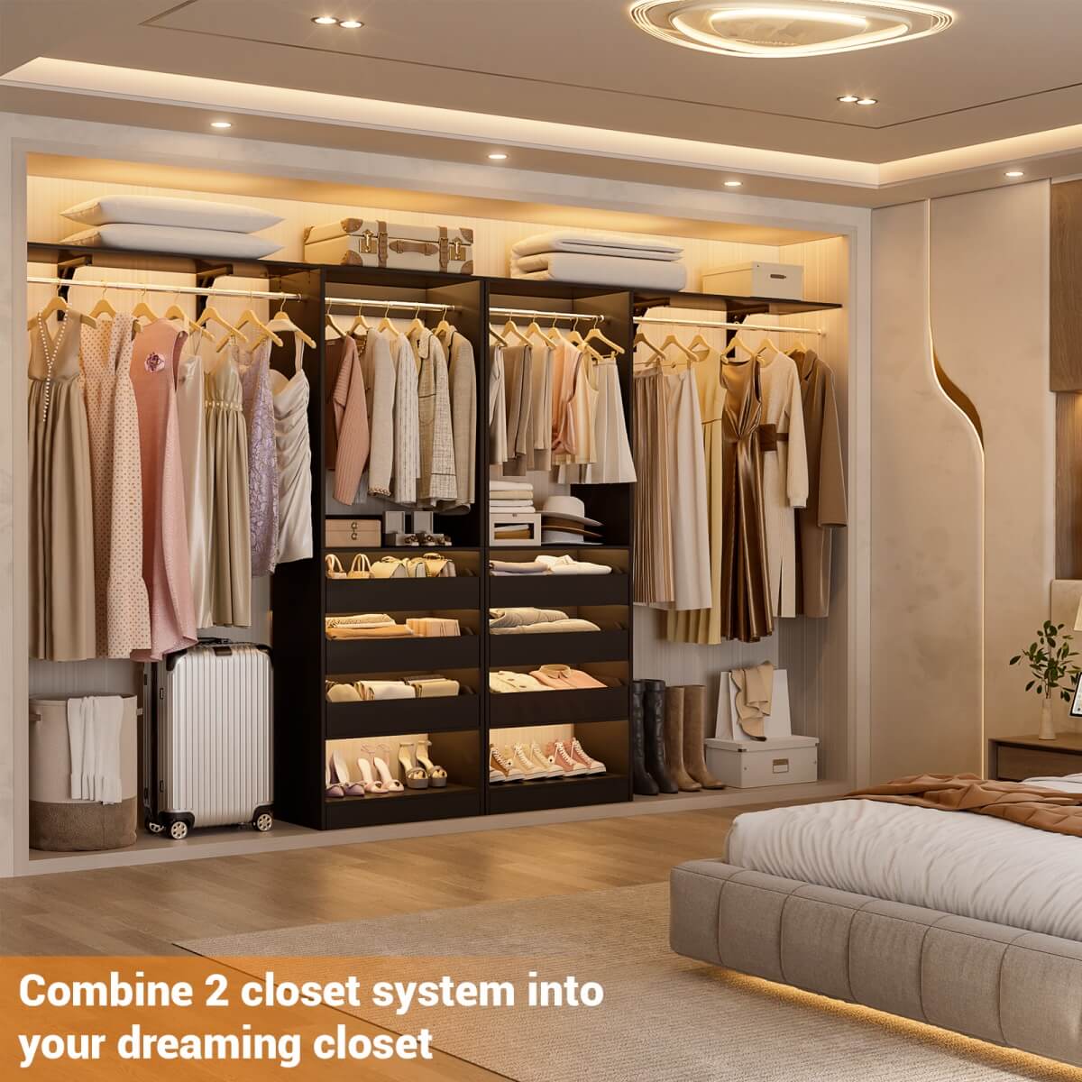 5FT Closet Organizer System with 3 Drawers and 2 Hanging Rods, Reversible Design