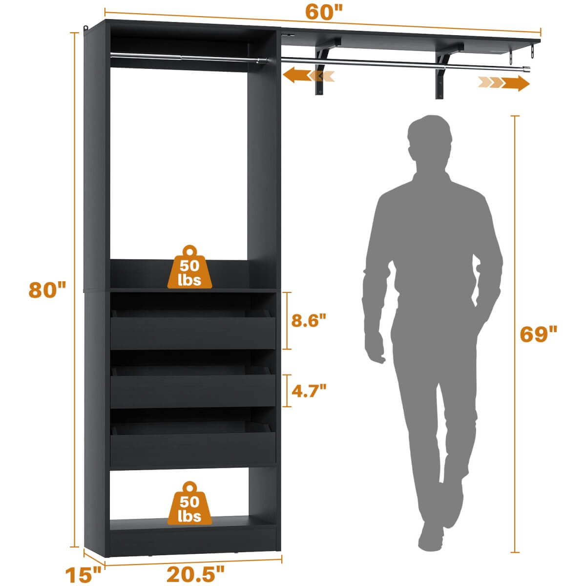 5FT Closet Organizer System with 3 Drawers and 2 Hanging Rods, Reversible Design