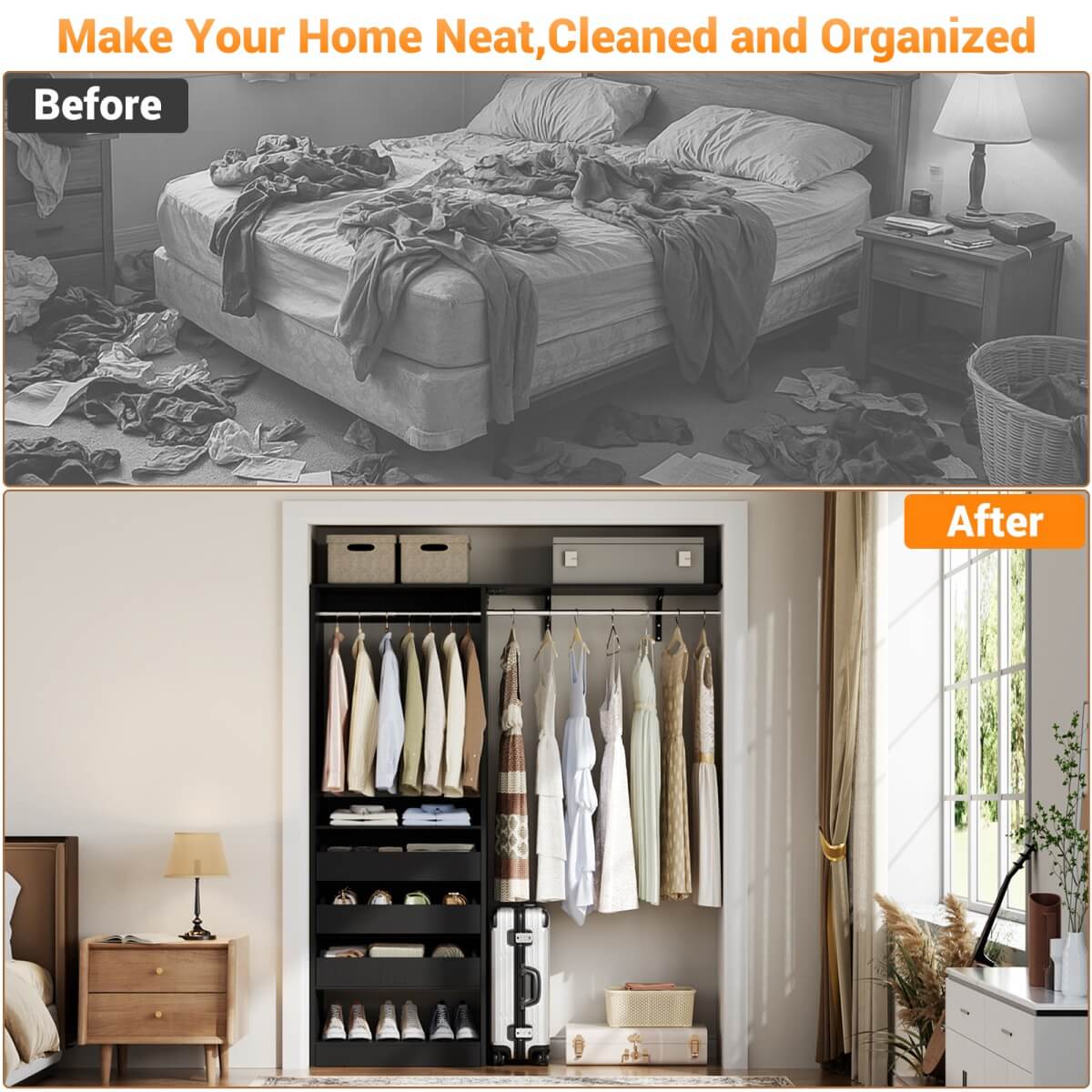 5FT Closet Organizer System with 3 Drawers and 2 Hanging Rods, Reversible Design