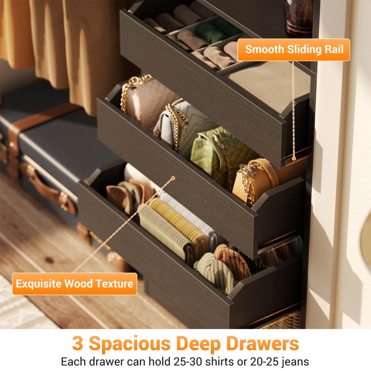 5FT Closet Organizer System with 3 Drawers and 2 Hanging Rods, Reversible Design