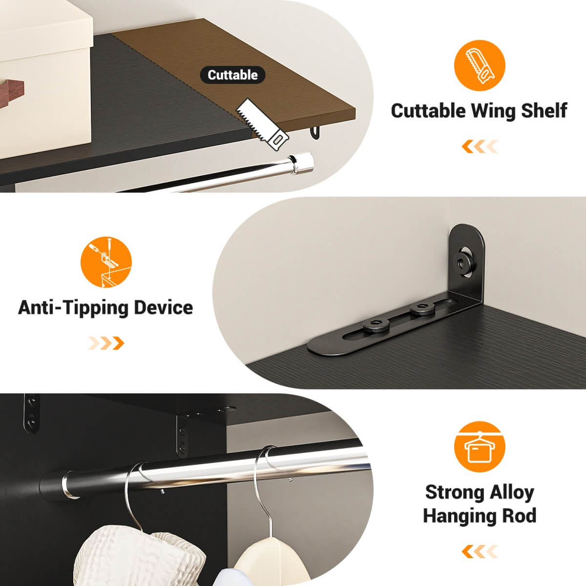 5FT Closet Organizer System with 3 Drawers and 2 Hanging Rods, Reversible Design