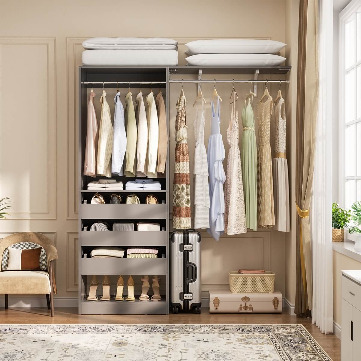 5FT Closet Organizer System with 3 Drawers and 2 Hanging Rods, Reversible Design