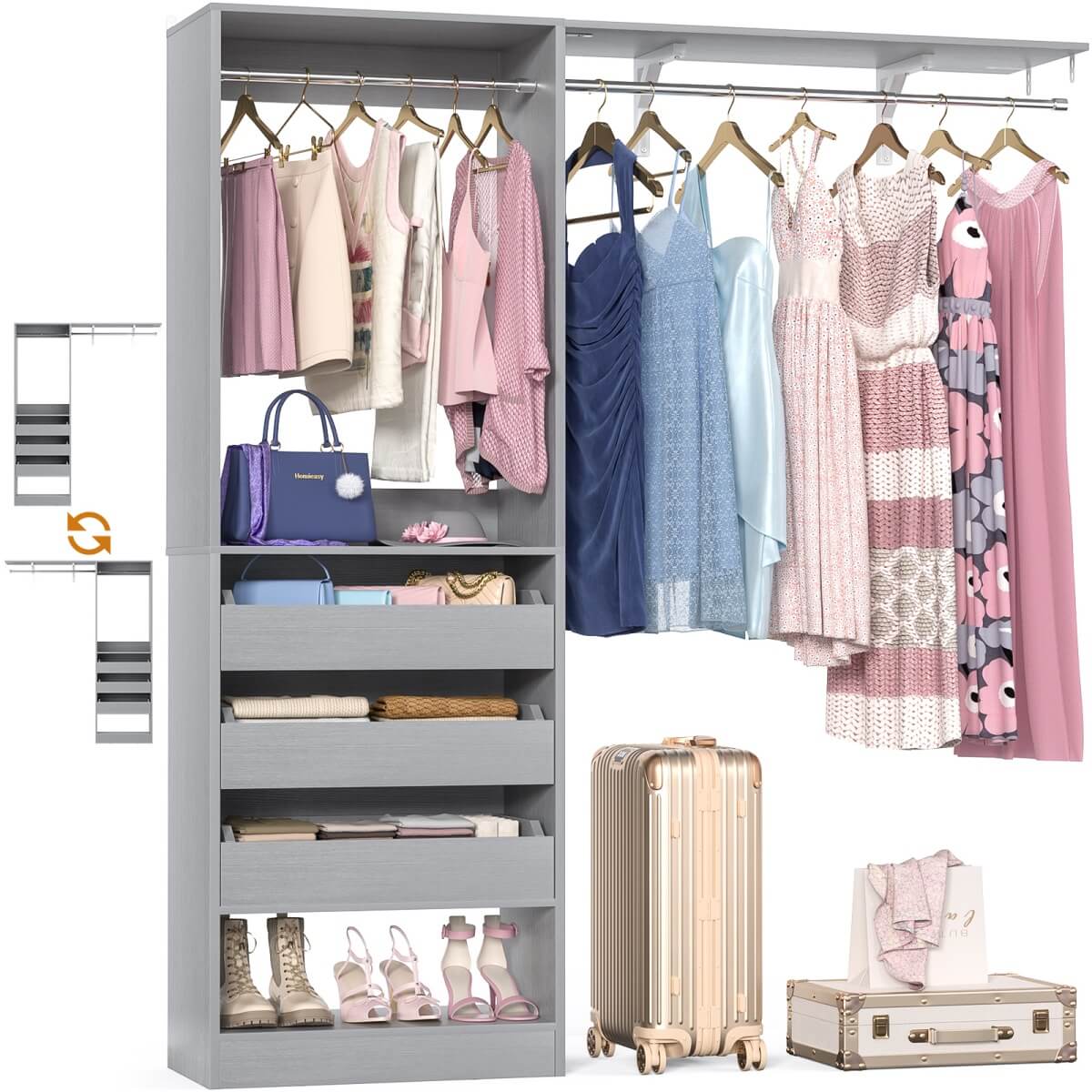 5FT Closet Organizer System with 3 Drawers and 2 Hanging Rods, Reversible Design