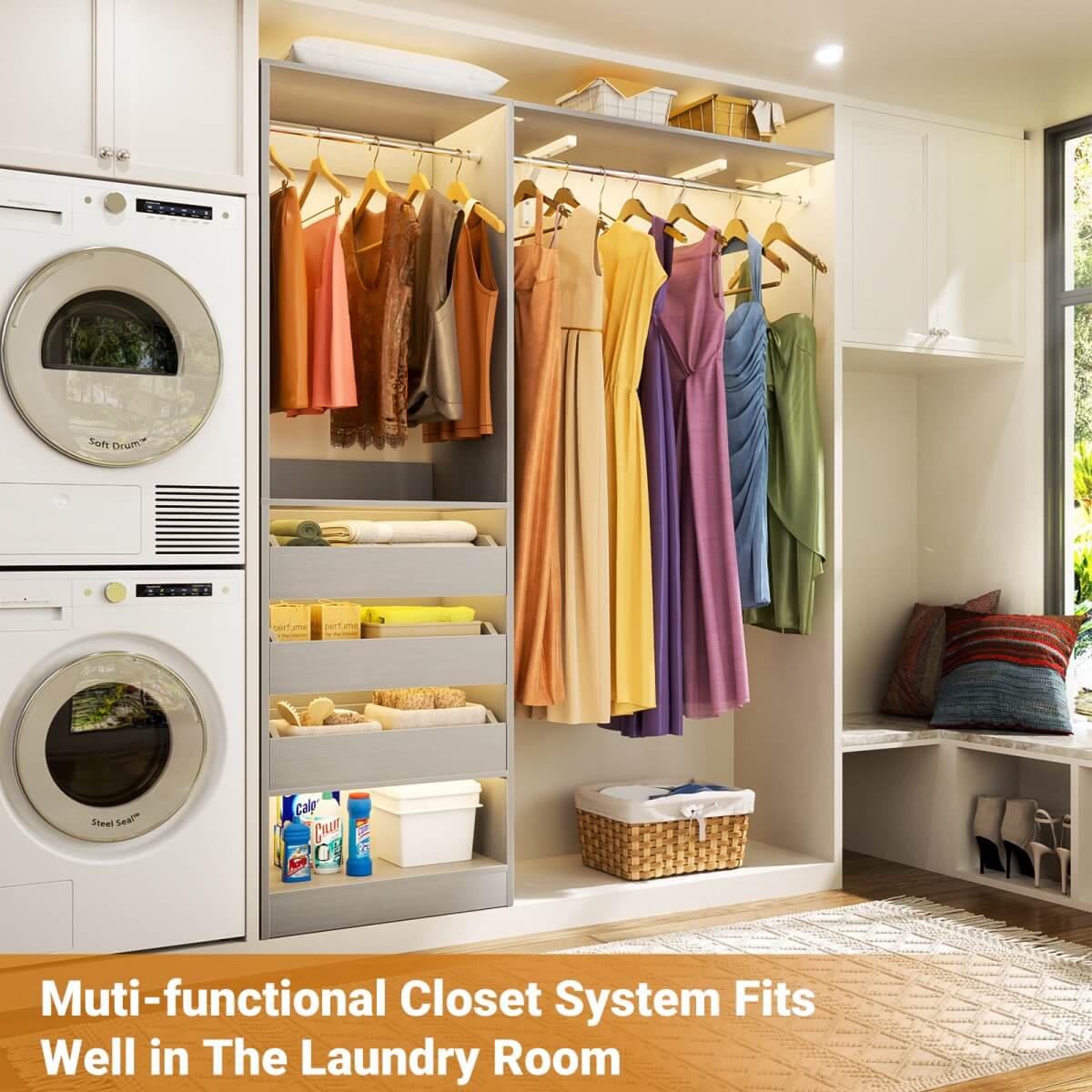5FT Closet Organizer System with 3 Drawers and 2 Hanging Rods, Reversible Design