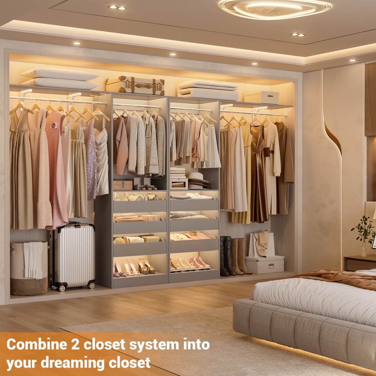 5FT Closet Organizer System with 3 Drawers and 2 Hanging Rods, Reversible Design