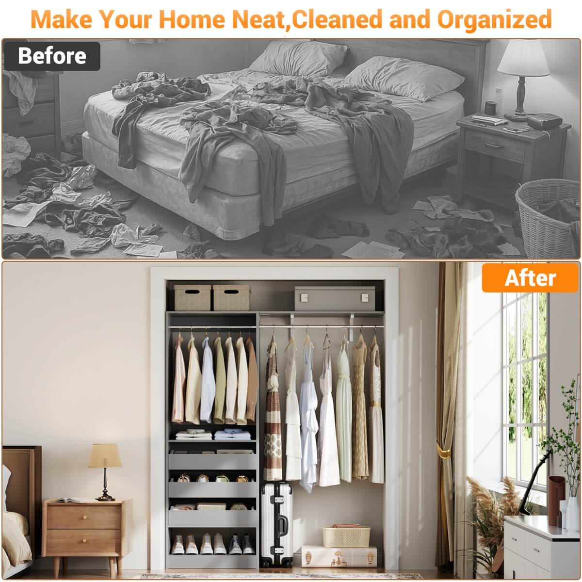 5FT Closet Organizer System with 3 Drawers and 2 Hanging Rods, Reversible Design